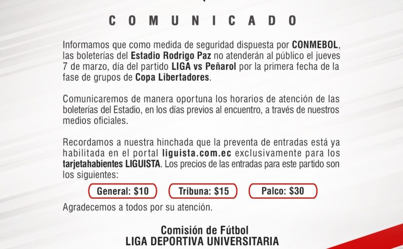 COMUNICADO SOBRE VENTA DE ENTRADAS LIGA vs PEÑAROL